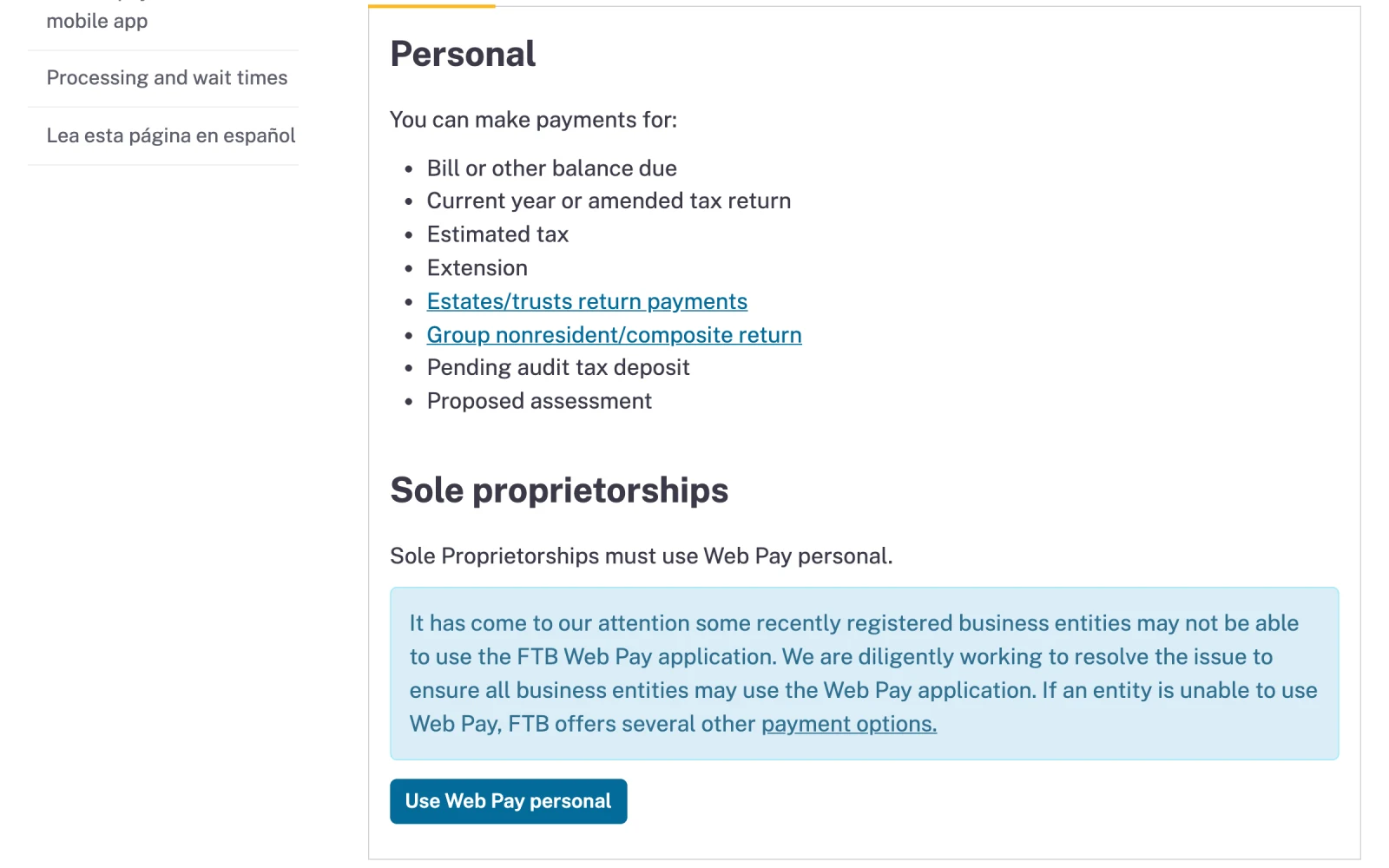 The FTB Pay by bank account (Web Pay) page with the Personal tab selected, listing estimated tax as a payment type, and the Use Web Pay personal button.