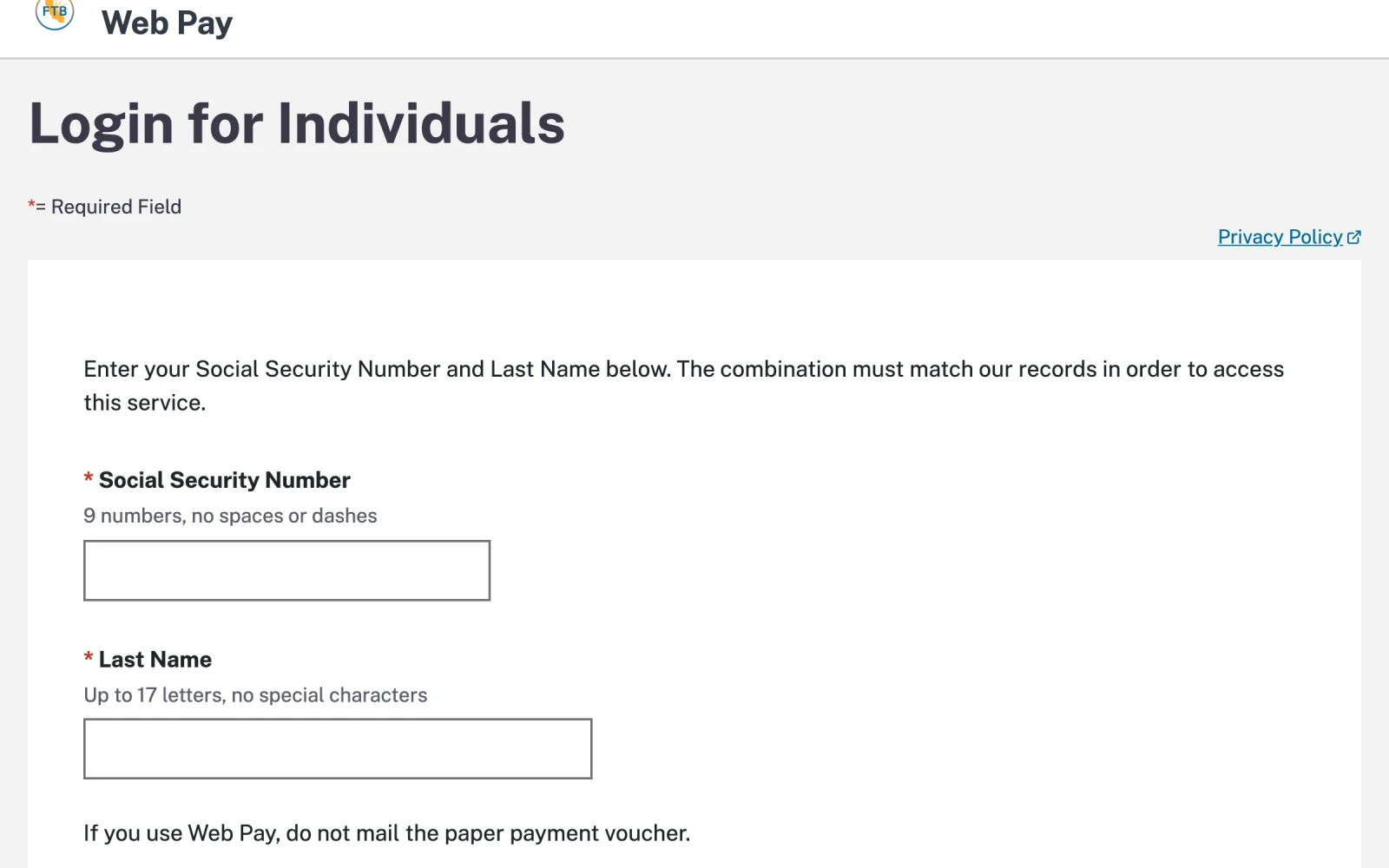 FTB Web Pay Login for Individuals page asking for Social Security Number and Last Name.