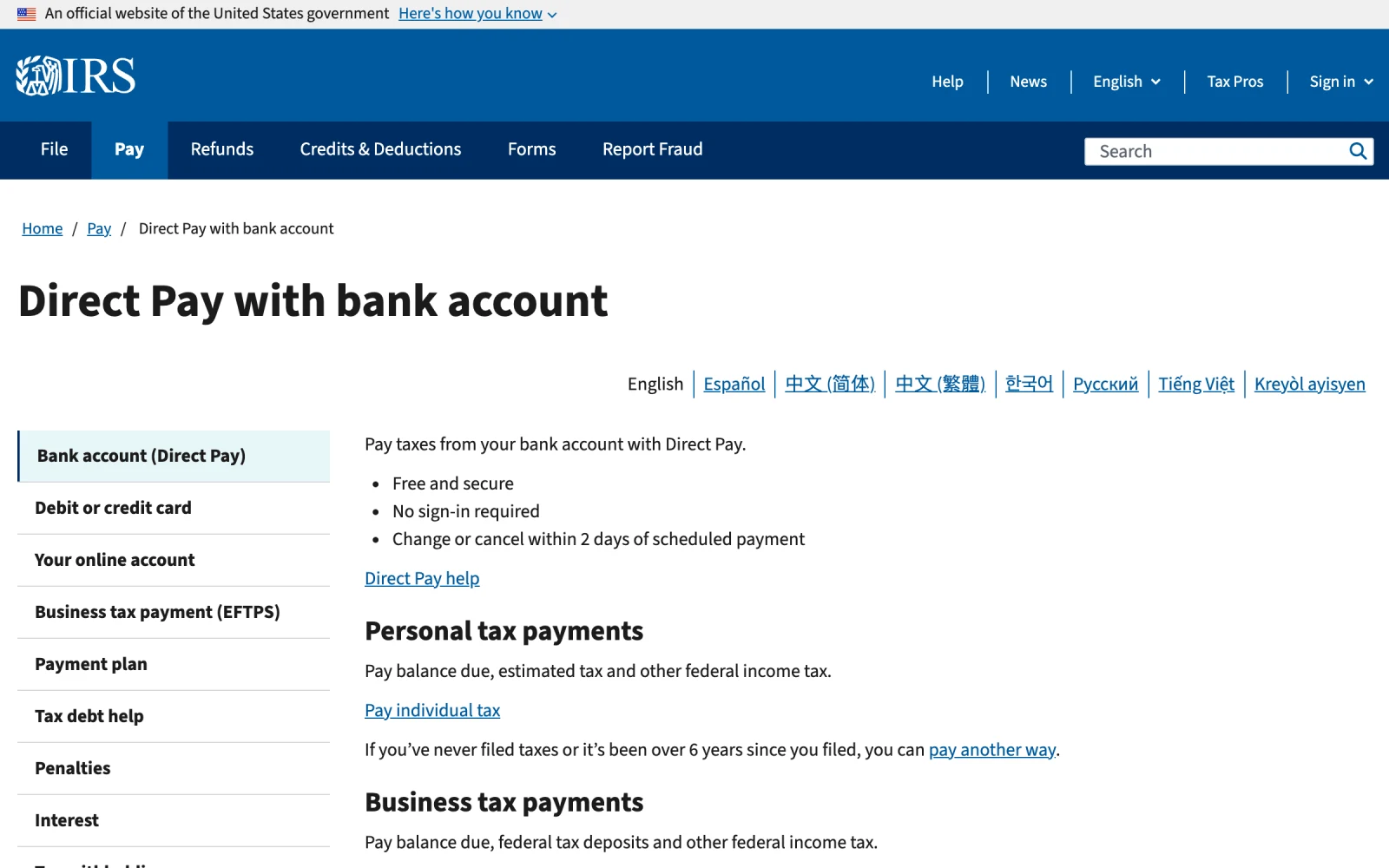 The IRS Direct Pay with bank account page on irs.gov, with the Pay individual tax link under Personal tax payments.