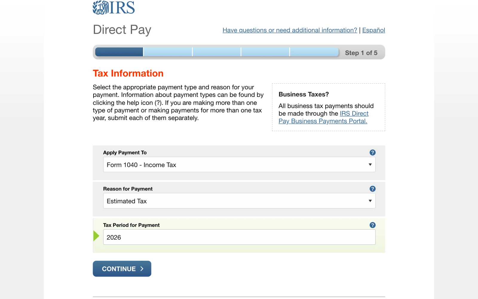Direct Pay step 1 of 5, Tax Information, with Form 1040 - Income Tax, Estimated Tax, and 2026 entered.