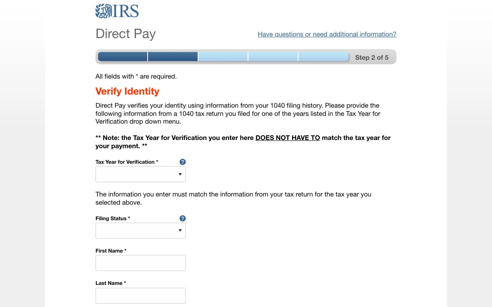 Direct Pay step 2 of 5, Verify Identity form with fields for tax year for verification, filing status, name, SSN, date of birth, and address.