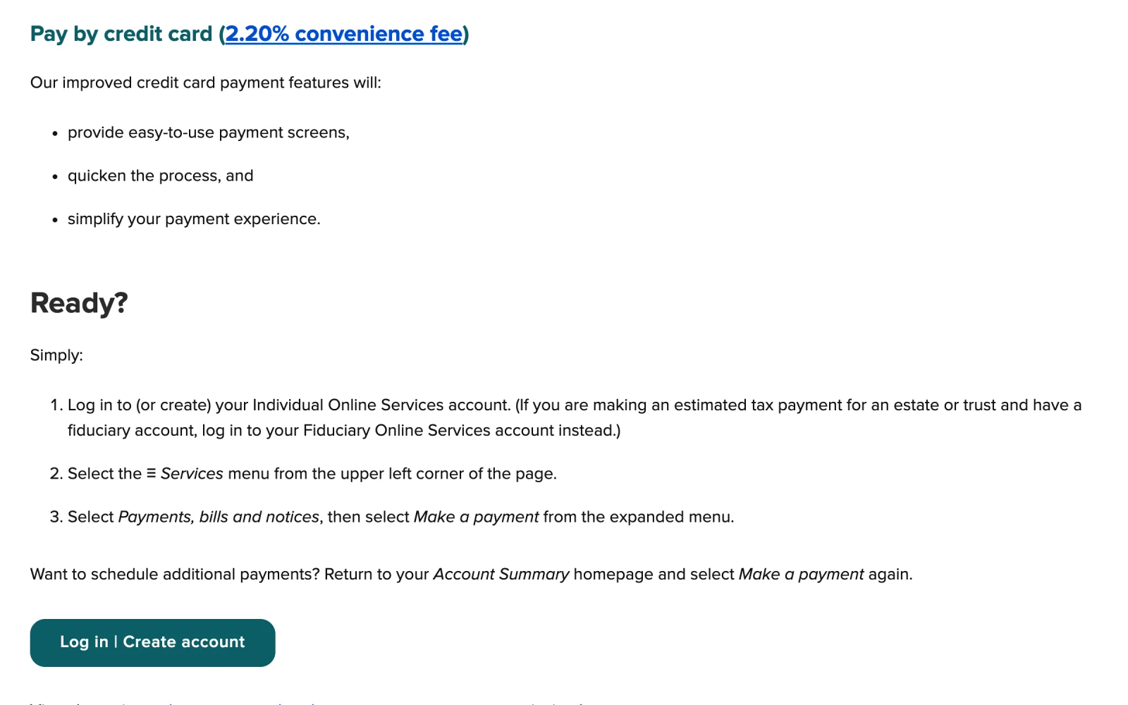 The New York Department of Taxation and Finance Make an estimated income tax payment page, showing the Ready? steps and the Log in | Create account button.