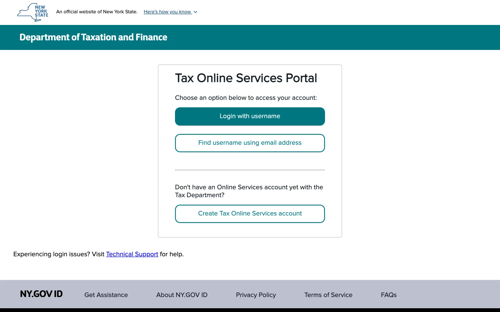 The NY.GOV Tax Online Services Portal login page with Login with username, Find username using email address, and Create Tax Online Services account buttons.