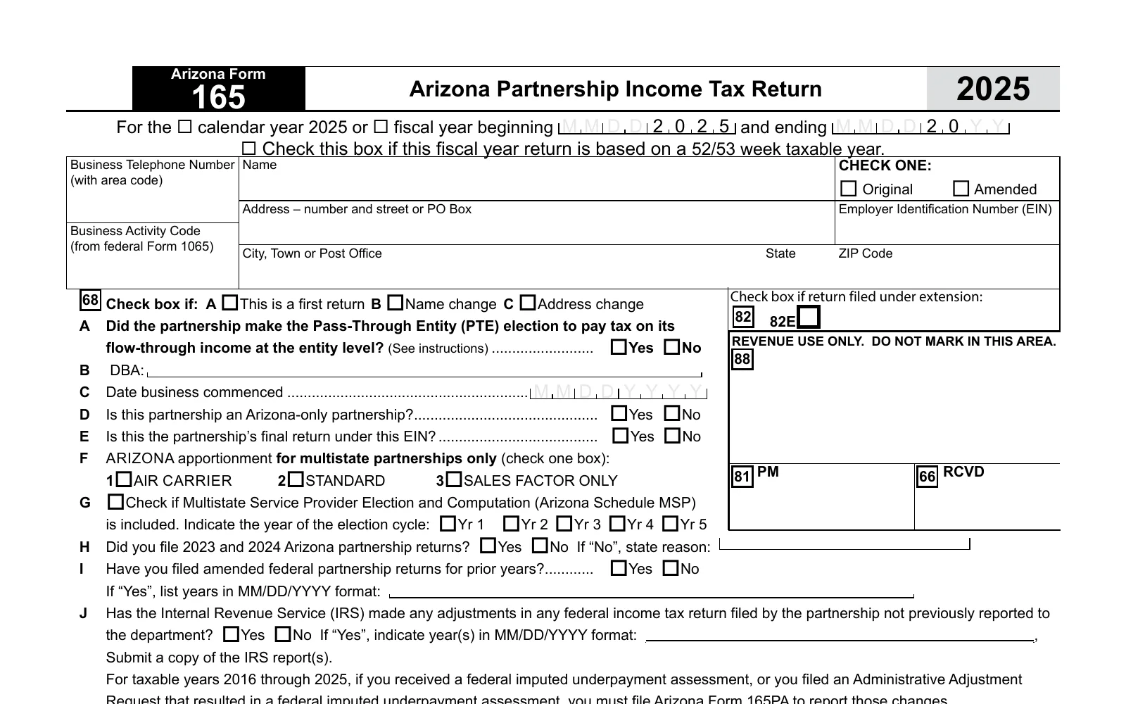2025 Arizona Form 165, page 1, showing the line used to make the Arizona PTET election: Did the partnership make the Pass-Through Entity (PTE) election.
