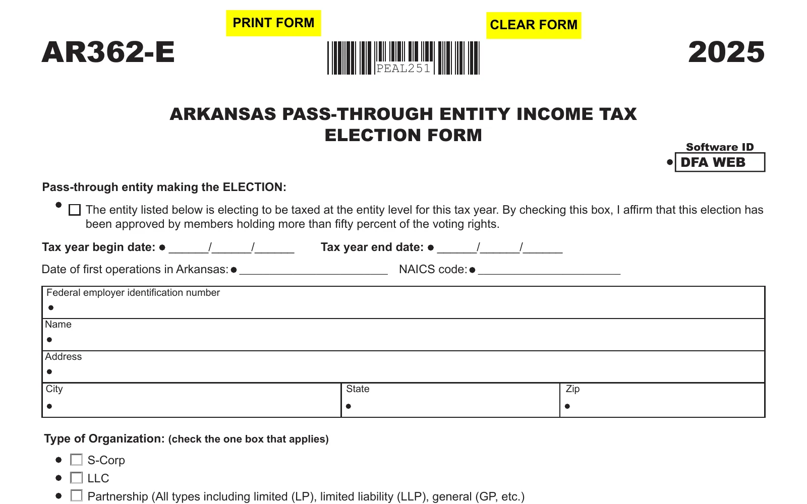 2025 Form AR362-E, page 1, showing the line used to make the Arkansas PTET election: Pass-through entity making the ELECTION:.