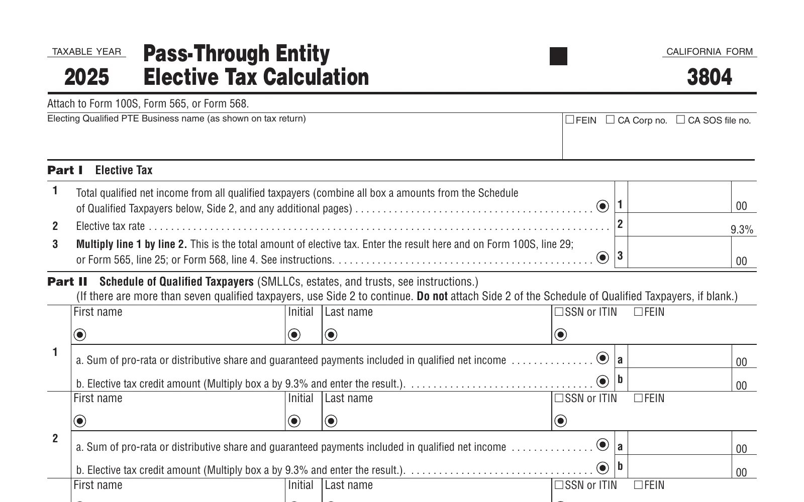 2025 Form FTB 3804, page 1, showing the line used to make the California PTET election: This is the total amount of elective tax.