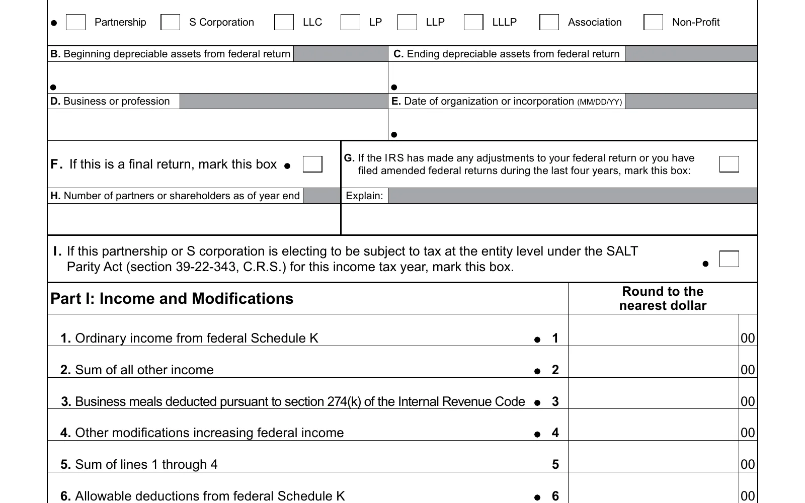 2025 Form DR 0106 (return page), page 13, showing the line used to make the Colorado PTET election: If this partnership or S corporation is electing.