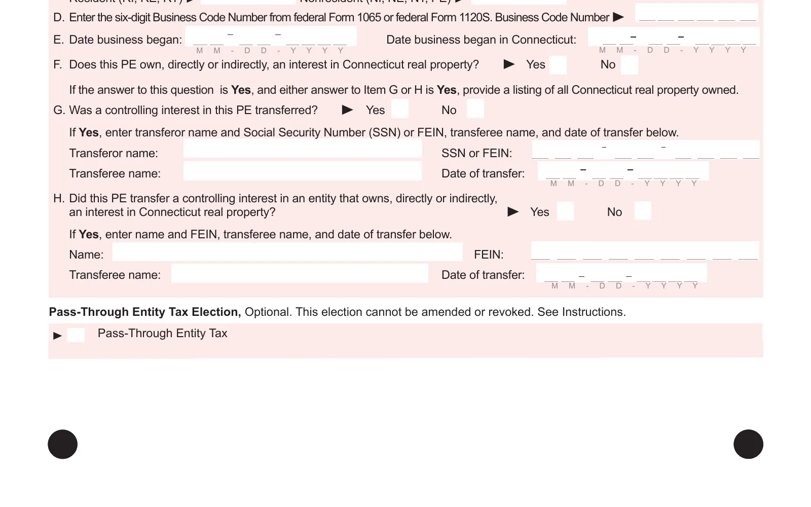 2025 Form CT-1065/CT-1120SI, page 1, showing the line used to make the Connecticut PTET election: Pass-Through Entity Tax Election, Optional..