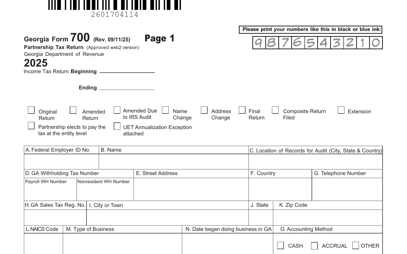 2025 Georgia Form 700, page 1, showing the line used to make the Georgia PTET election: Partnership elects to pay the.
