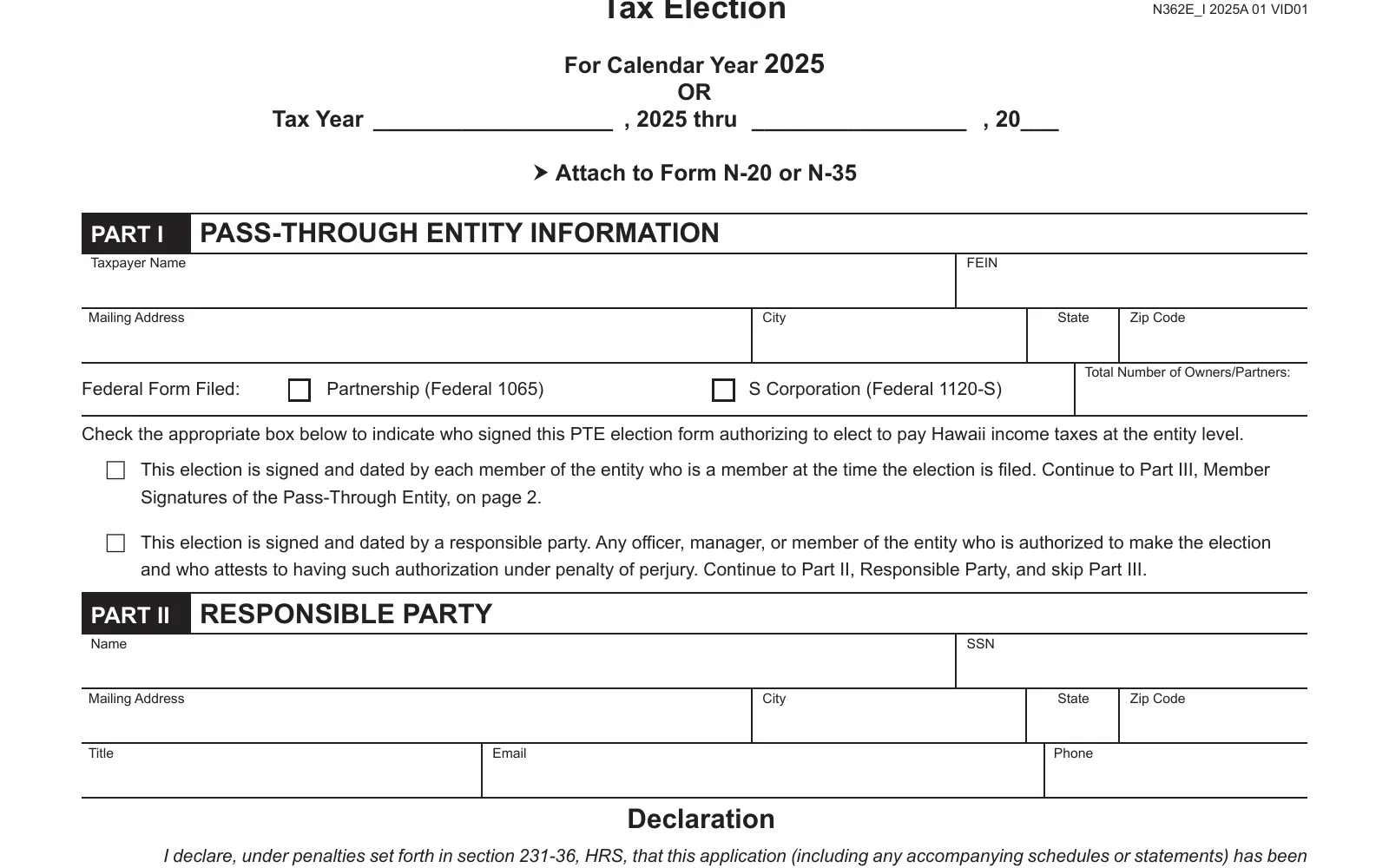 2025 Form N-362E, page 1, showing the line used to make the Hawaii PTET election: Check the appropriate box below to indicate who signed.
