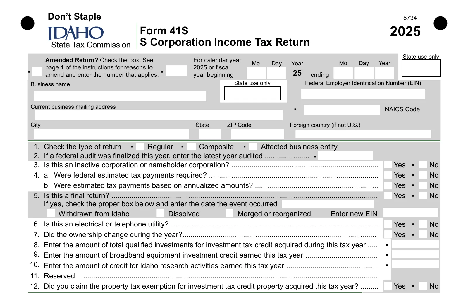 2025 Form 41S, S Corporation Income Tax Return, page 1, showing the line used to make the Idaho PTET election: Check the type of return.