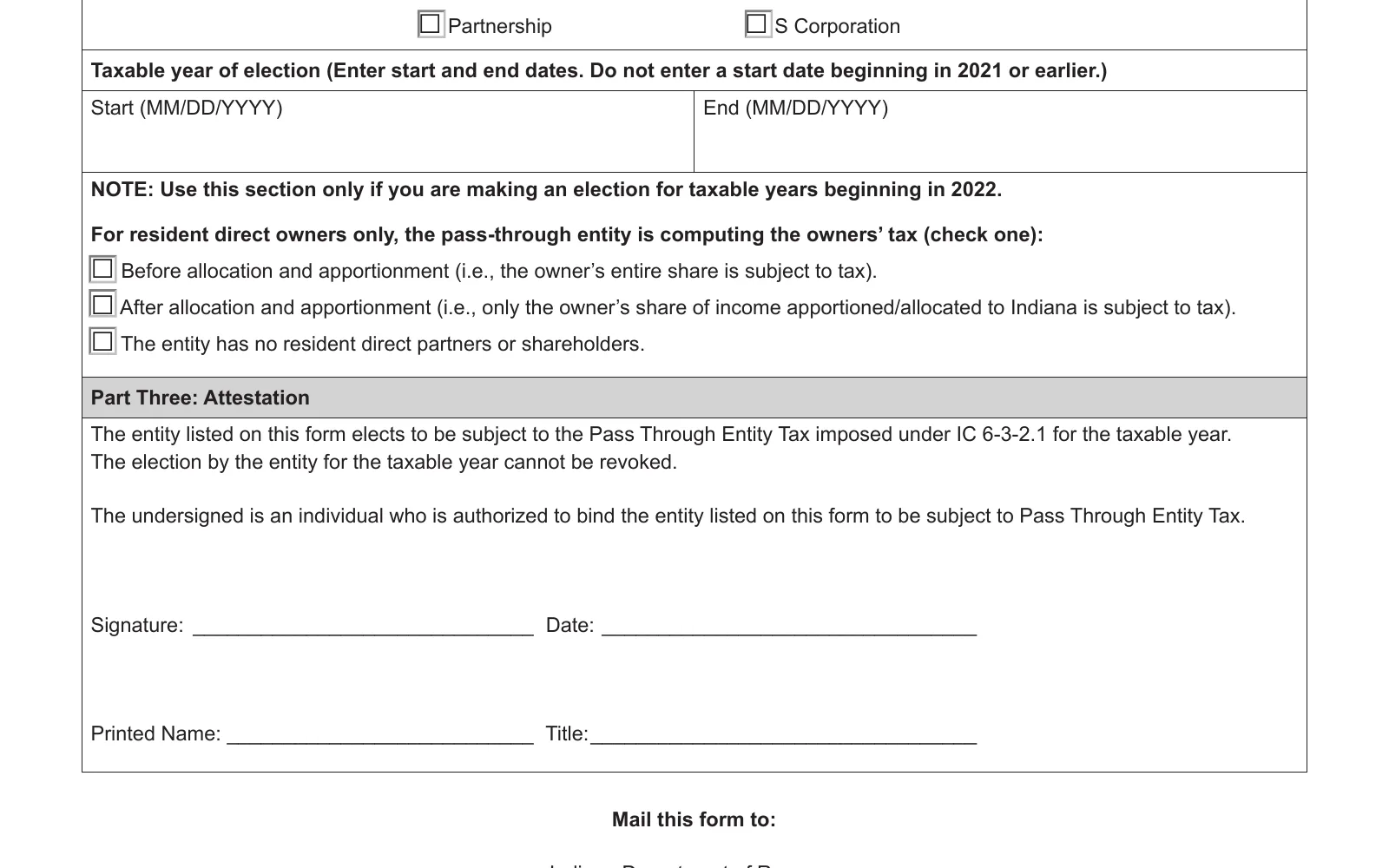 Form IN-PTET, Pass Through Entity Tax Election (State Form 57223), page 1, showing the line used to make the Indiana PTET election: elects to be subject to the Pass Through Entity Tax.