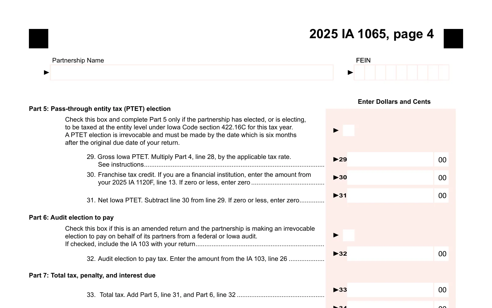 2025 IA 1065, Iowa Partnership Return of Income (41-016), page 4, showing the line used to make the Iowa PTET election: Pass-through entity tax (PTET) election.