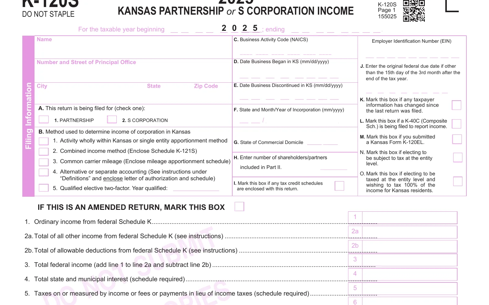 2025 Form K-120S, Kansas Partnership or S Corporation Income, page 1, showing the line used to make the Kansas PTET election: Mark this box if electing to.