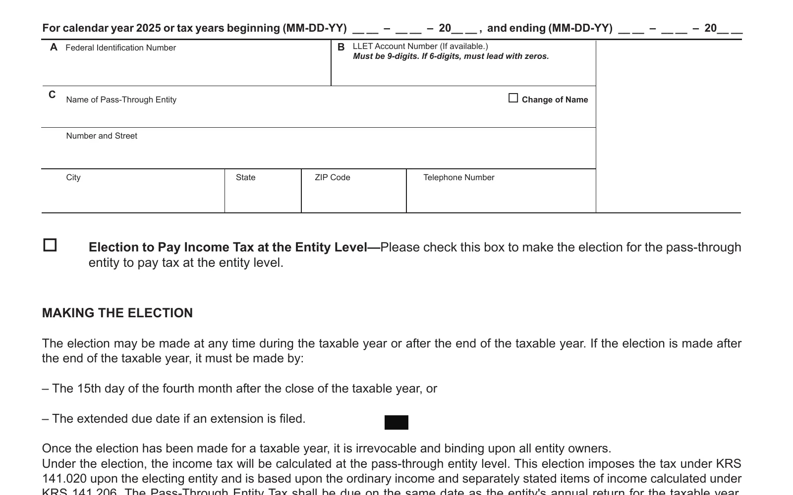 2025 Form 740-PTET-ELECT, Kentucky Pass-Through Entity Tax Election to Pay Income Tax at the Entity Level, page 1, showing the line used to make the Kentucky PTET election: Please check this box to make the election.