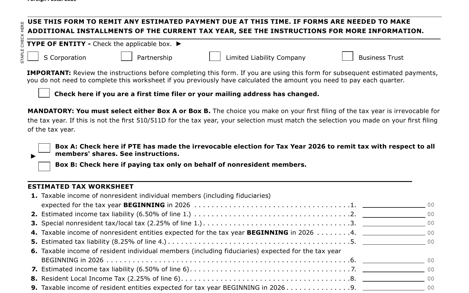 2026 Form 510/511D, page 1, showing the line used to make the Maryland PTET election: Check here if PTE has made the irrevocable election.