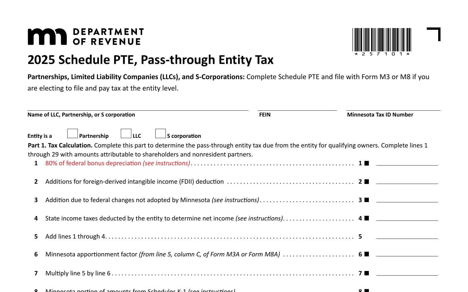 2025 Schedule PTE, Pass-through Entity Tax, page 1, showing the line used to make the Minnesota PTET election: are electing to file and pay tax at the entity level.