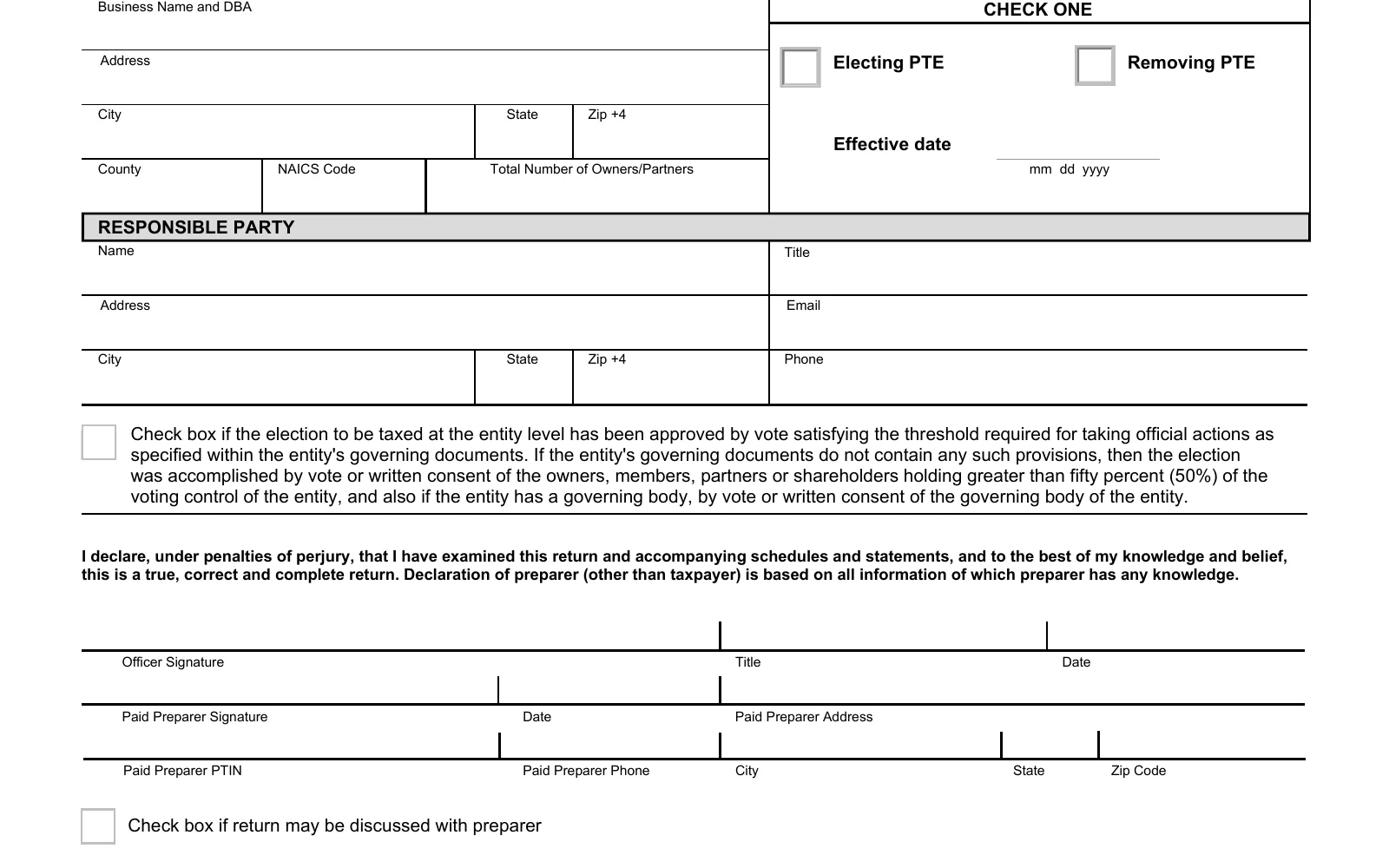Form 84-381, Pass-Through Entity Election Form (Rev. 10/25), page 1, showing the line used to make the Mississippi PTET election: Check box if the election to be taxed.