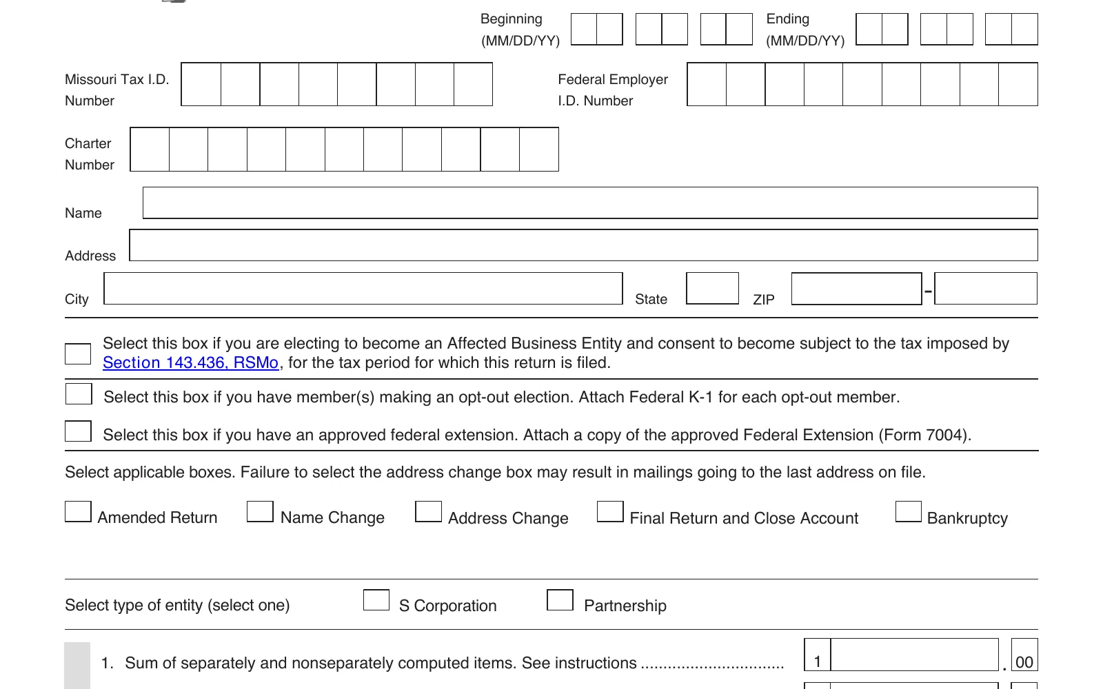 2025 Form MO-PTE, Pass-Through Entity Income Tax Return (Revised 12-2025), page 1, showing the line used to make the Missouri PTET election: electing to become an Affected Business Entity.