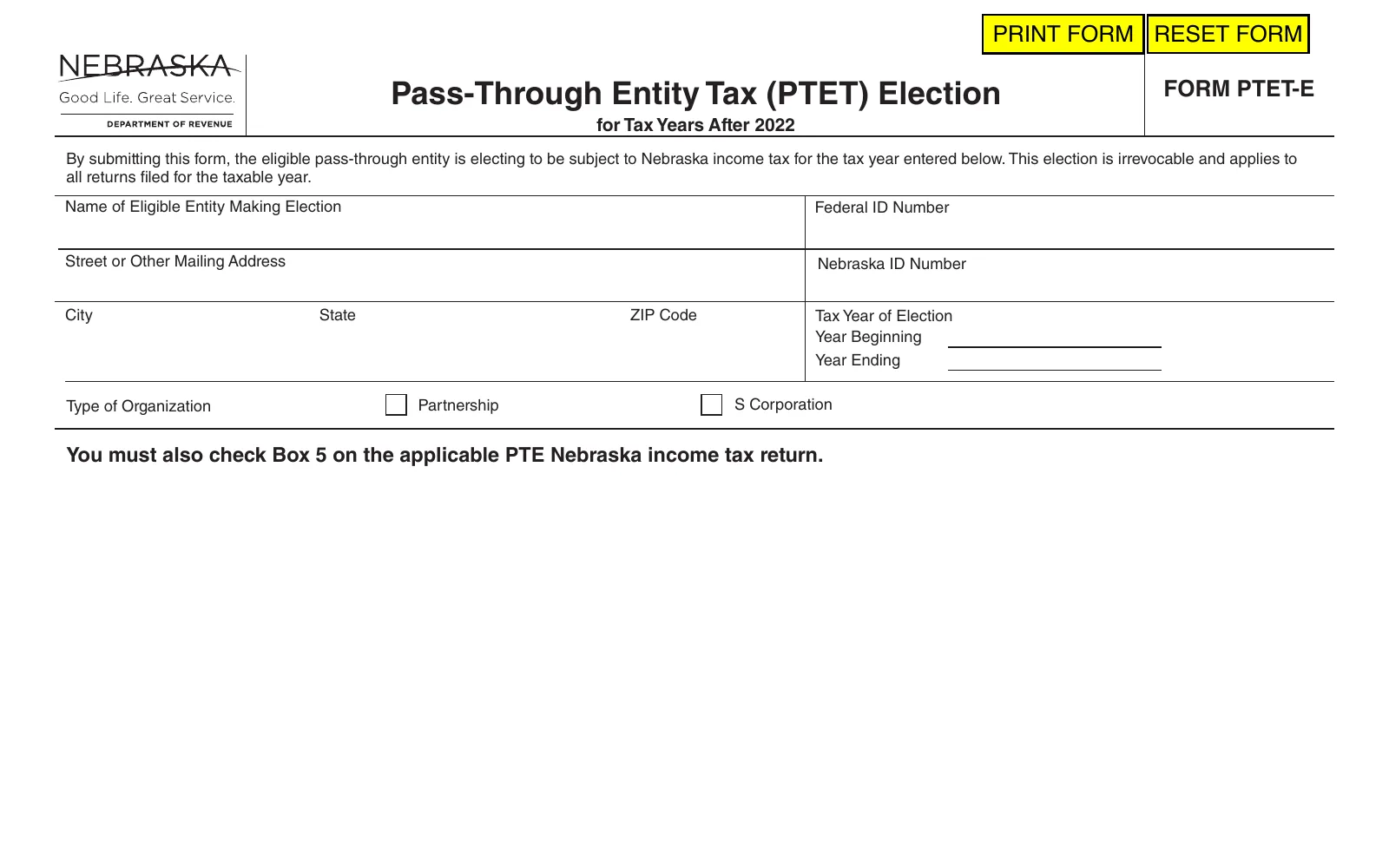 Form PTET-E, Pass-Through Entity Tax (PTET) Election for Tax Years After 2022 (Rev. 3-2025), page 1, showing the line used to make the Nebraska PTET election: is electing to be subject to Nebraska income tax.