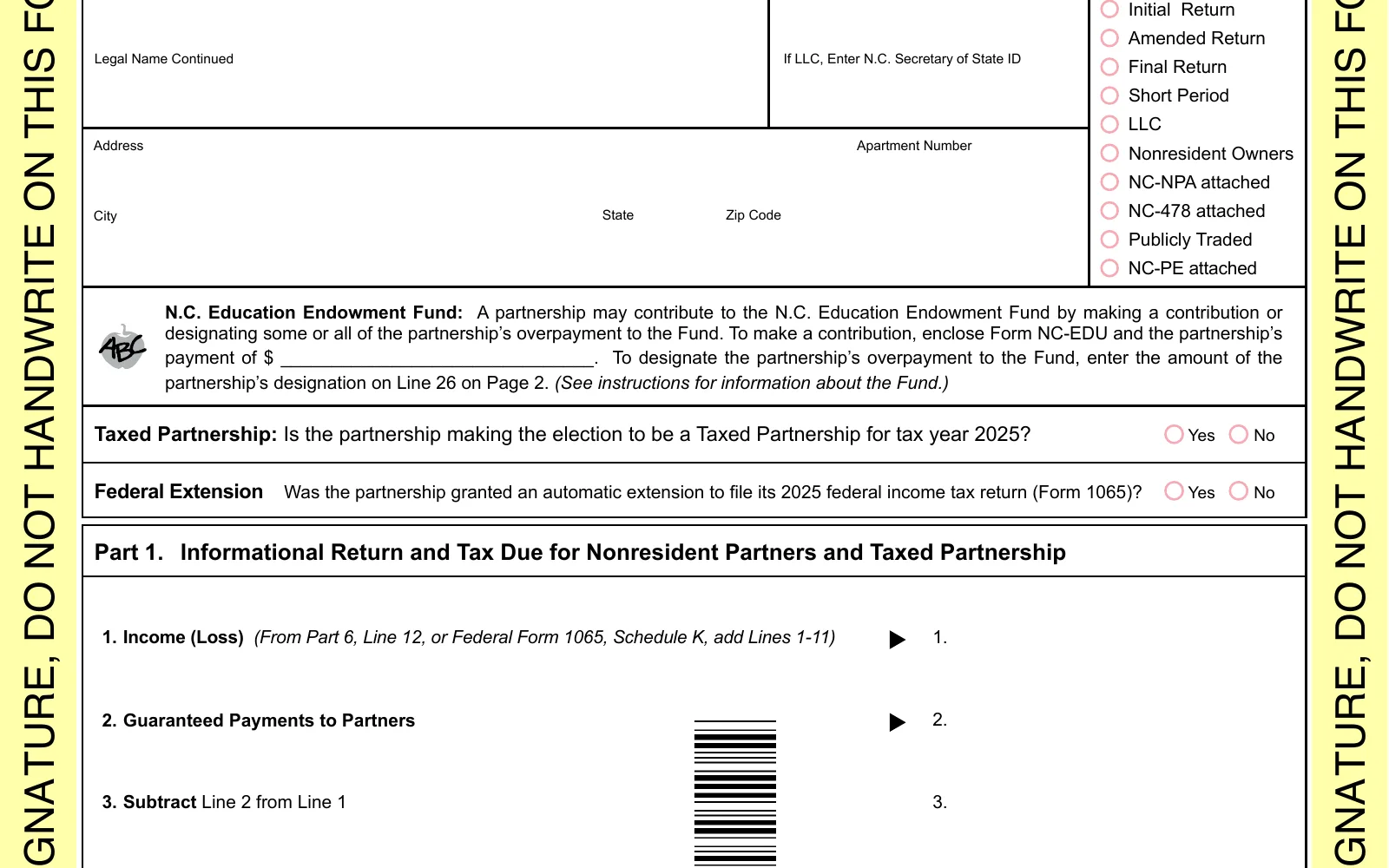 2025 Form D-403, Partnership Income Tax Return (web fill-in version), page 2, showing the line used to make the North Carolina PTET election: Is the partnership making the election to be a Taxed Partnership.