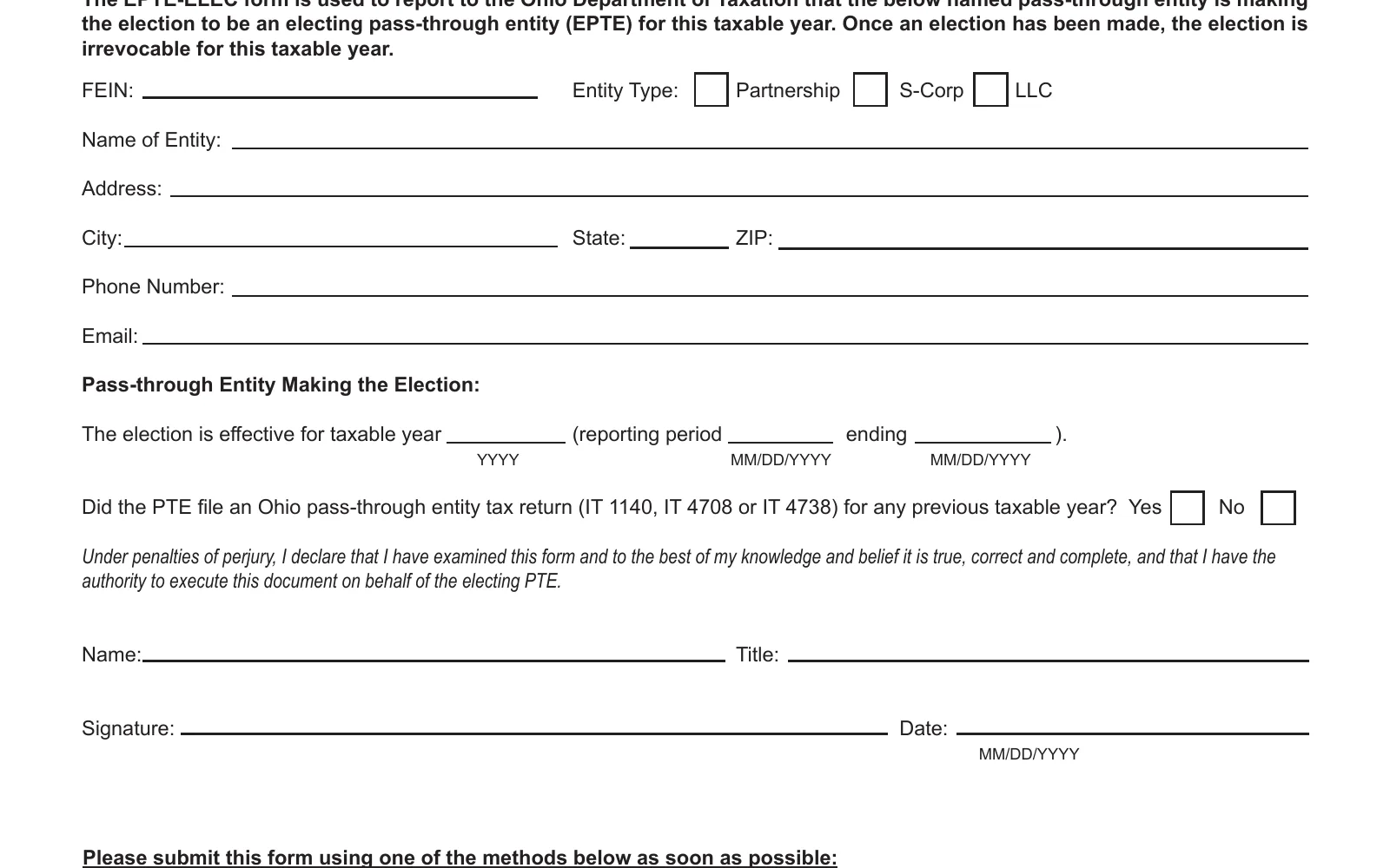 Form EPTE-ELEC, Electing Pass-Through Entity Election Form, page 1, showing the line used to make the Ohio PTET election: The election is effective for taxable year.