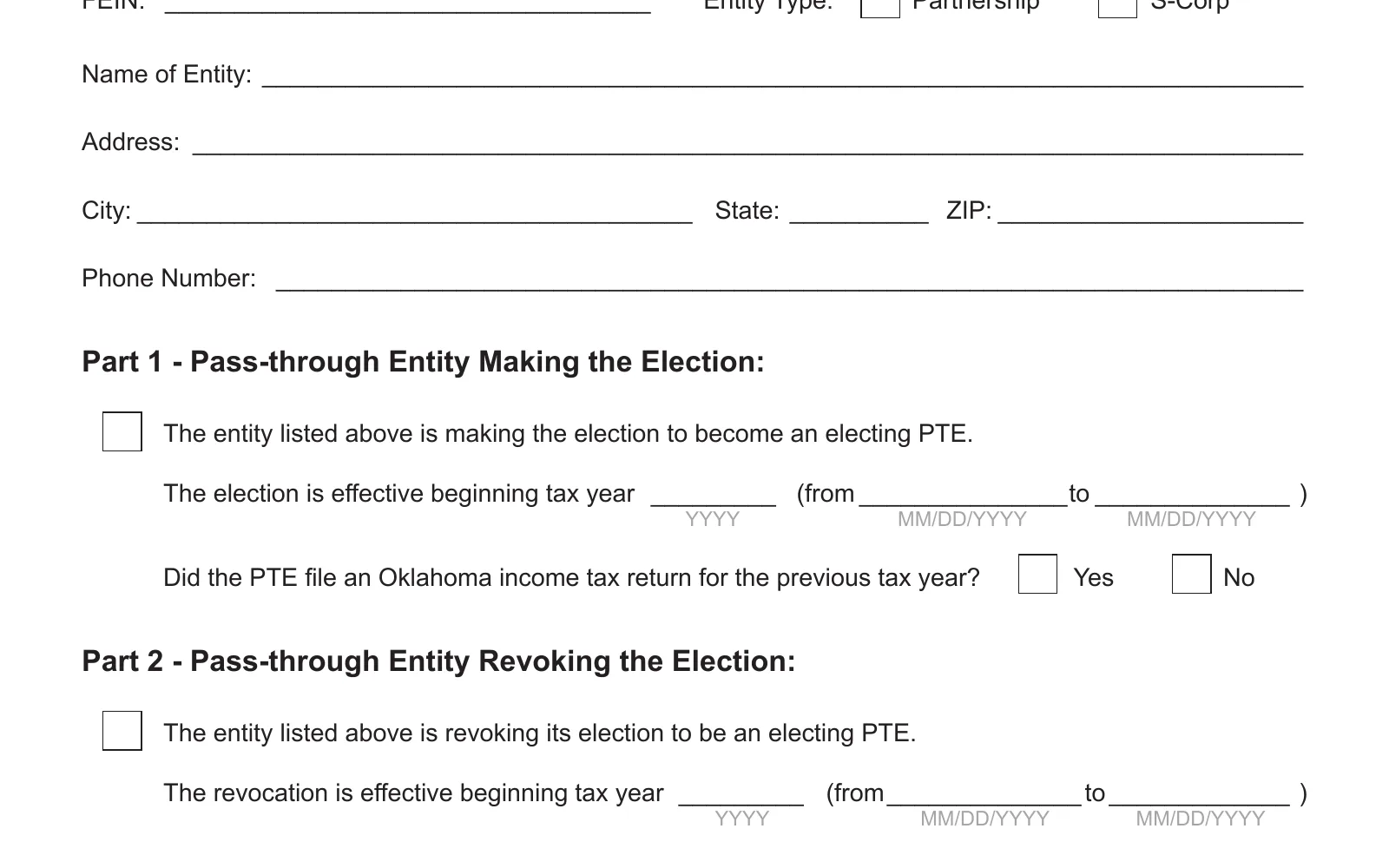 Form 586, Pass-through Entity Election Form (revised 2025), page 1, showing the line used to make the Oklahoma PTET election: making the election to become an electing PTE.