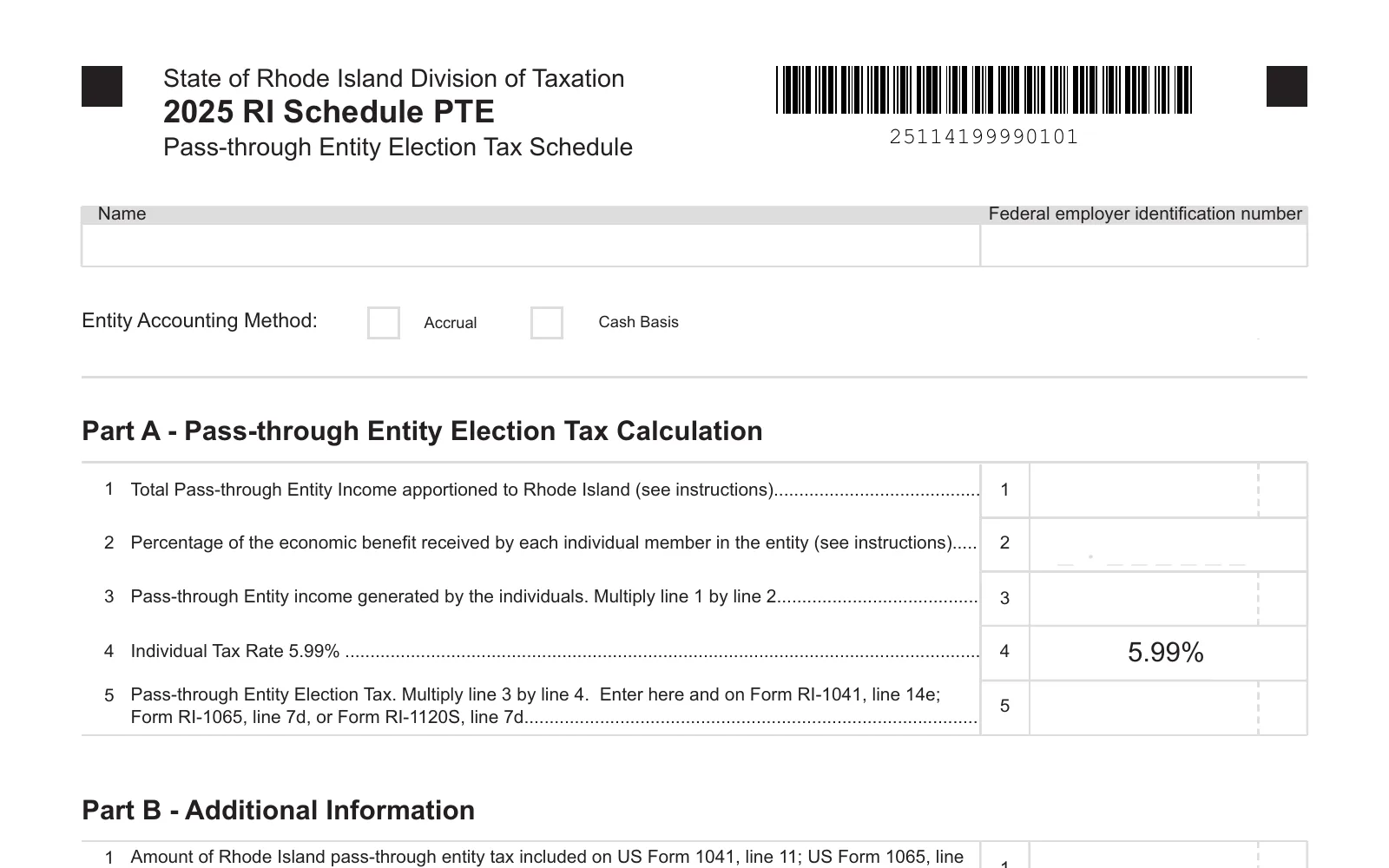 2025 RI Schedule PTE, Pass-through Entity Election Tax Schedule, page 1, showing the line used to make the Rhode Island PTET election: Pass-through Entity Election Tax Calculation.