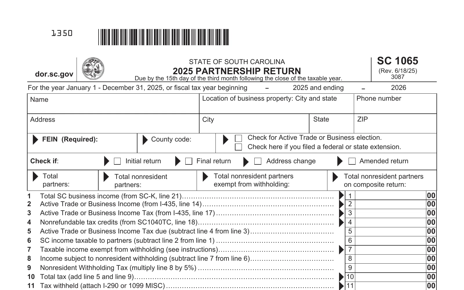 2025 SC1065 Partnership Return, page 1, showing the line used to make the South Carolina PTET election: Check for Active Trade or Business election..