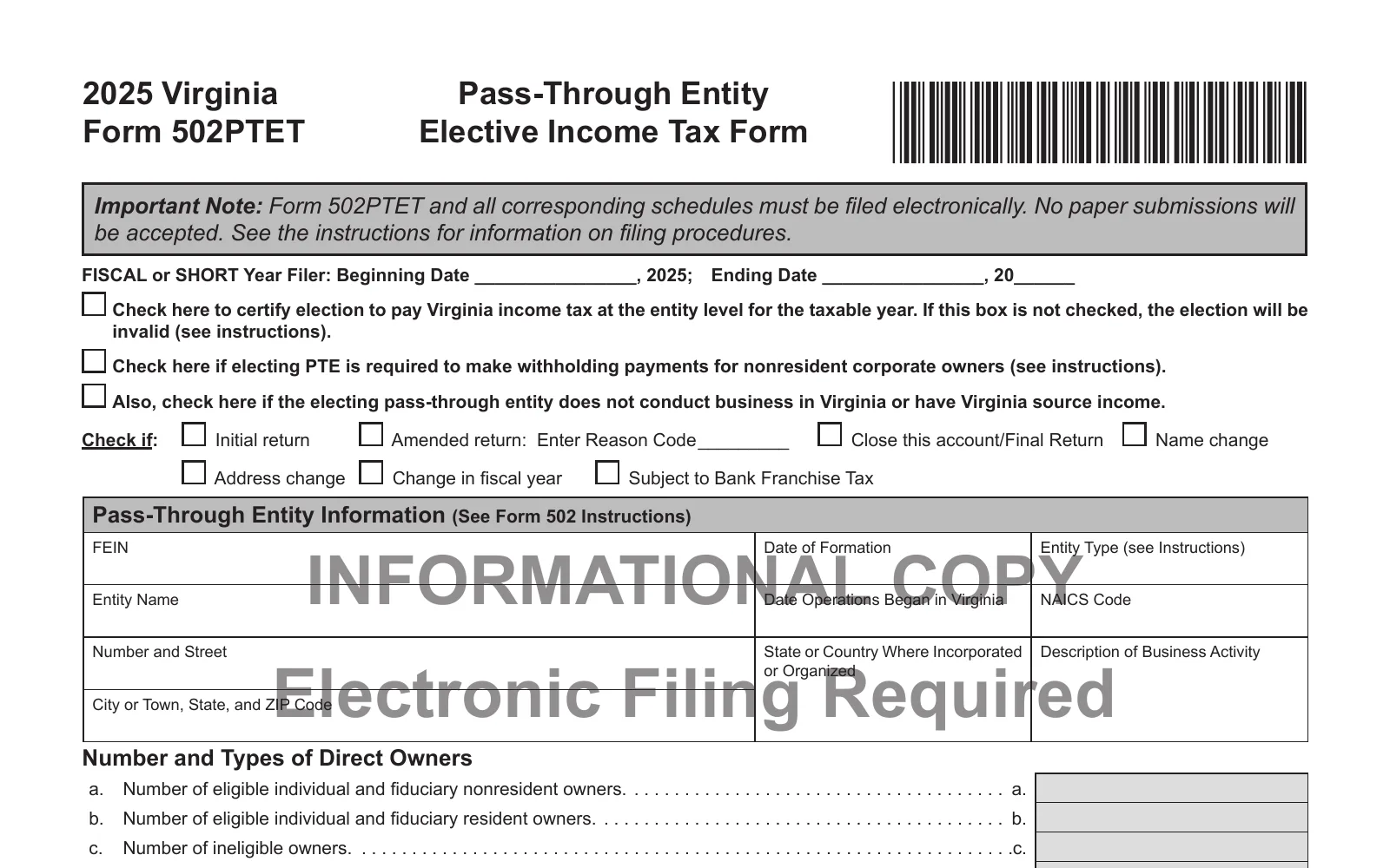 2025 Form 502PTET (in the 2025 Form 502PTET Instruction Package), page 11, showing the line used to make the Virginia PTET election: Check here to certify election to pay Virginia income tax.