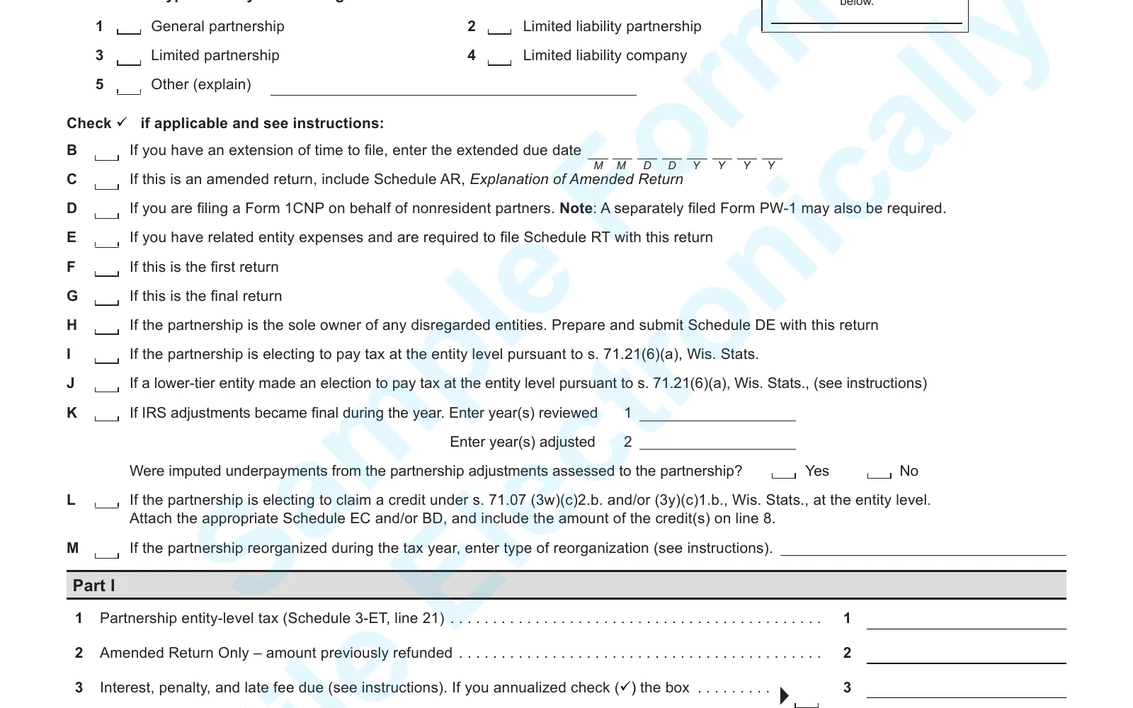 2025 Wisconsin Form 3, Partnership Return, page 1, showing the line used to make the Wisconsin PTET election: If the partnership is electing to pay tax at the entity level.